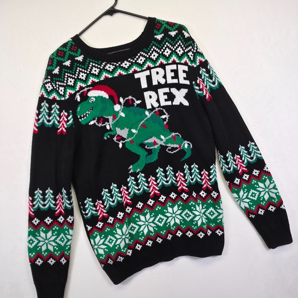 Ugly Christmas Sweater Mens M‎ Black Snowflake Tree Rex Dinosaur Santa Holiday
